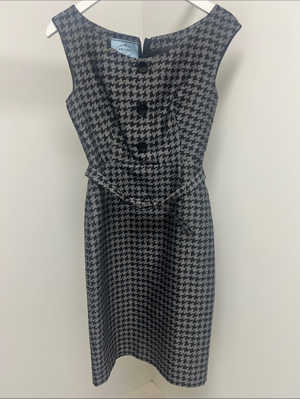 Prada Black and Gray Houndstooth Midi Sheath Dress